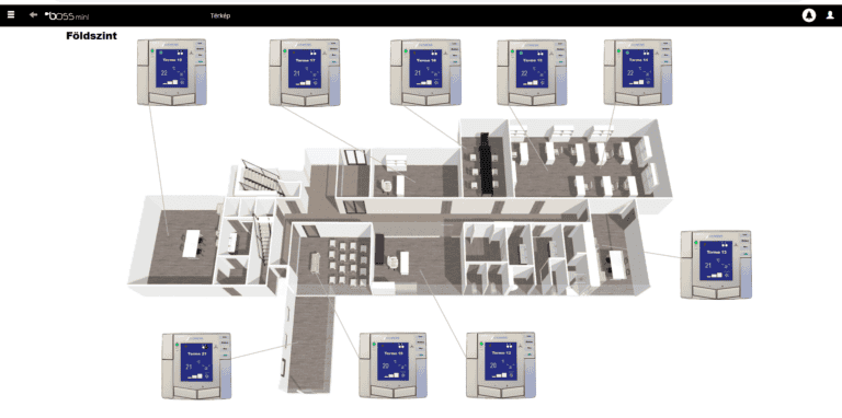 C.web épület-termosztát rendszer felügyeleti és vezérlő képernyőképe, egyedi háttérrel,