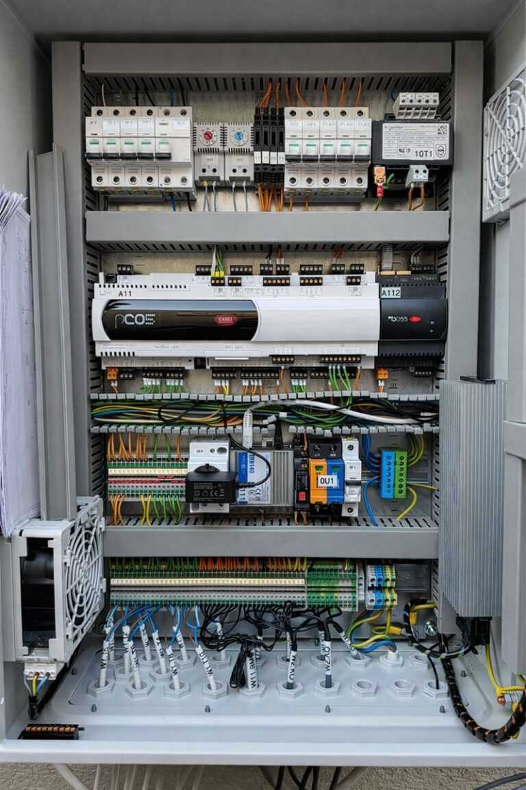 Kisebb, kültéren elhelyezett PCO 5 és Boss Micro automatika- és adatgyűjtő szekrény.